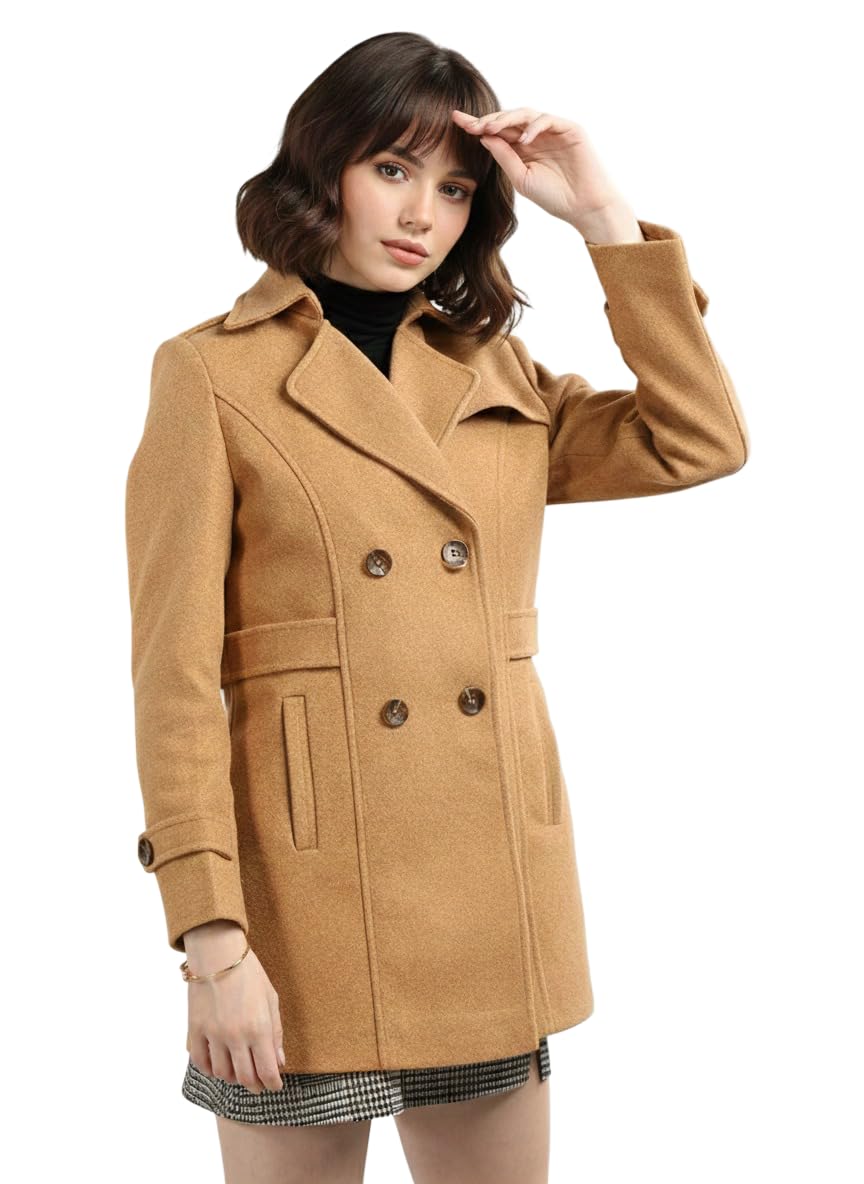 Women Elegant Winter Long Coat Double Breasted | Hip Length Design with Notched Lapel Collar and Practical Front Side Pockets for Sophisticated Appeal