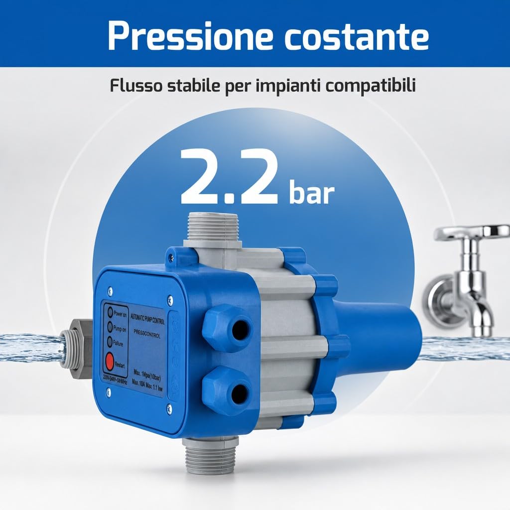 HM | Presscontrol regolatore di pressione per elettropompa, 2,2 bar, attacco 1" | Controllo elettronico automatico, protezione da funzionamento a secco, per sistemi idrici domestici