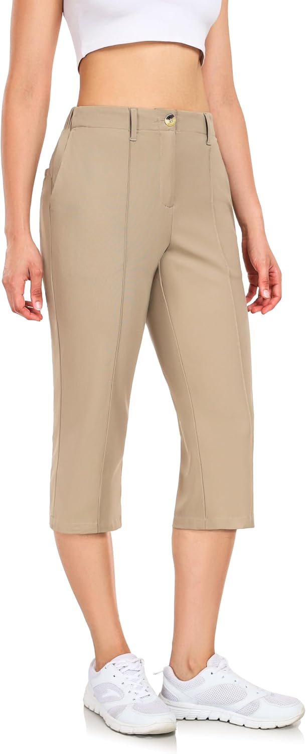 Little Donkey Andy Women's Stretchy Straight Leg Dress Pants Business Casual Elastic Waist Cropped Work Pants with Pockets