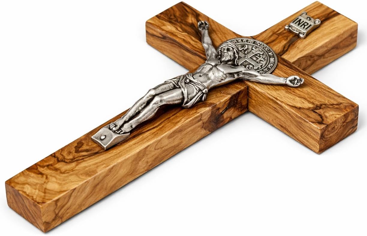 Zuluf St Benedict Crucifix Wall Cross, Olive Wood Wooden Cross Made in Bethlehem, Christian Catholic Religious Gift, Spiritual Wall Decor, Prayer Gift for Home, 8 Inches