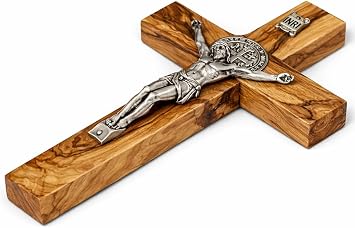 Zuluf St Benedict Crucifix Wall Cross, Olive Wood Wooden Cross Made in Bethlehem, Christian Catholic Religious Gift, Spiritual Wall Decor, Prayer Gift for Home, 8 Inches