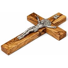 Zuluf St Benedict Crucifix Wall Cross, Olive Wood Wooden Cross Made in Bethlehem, Christian Catholic Religious Gift, Spiritual Wall Decor, Prayer Gift for Home, 8 Inches
