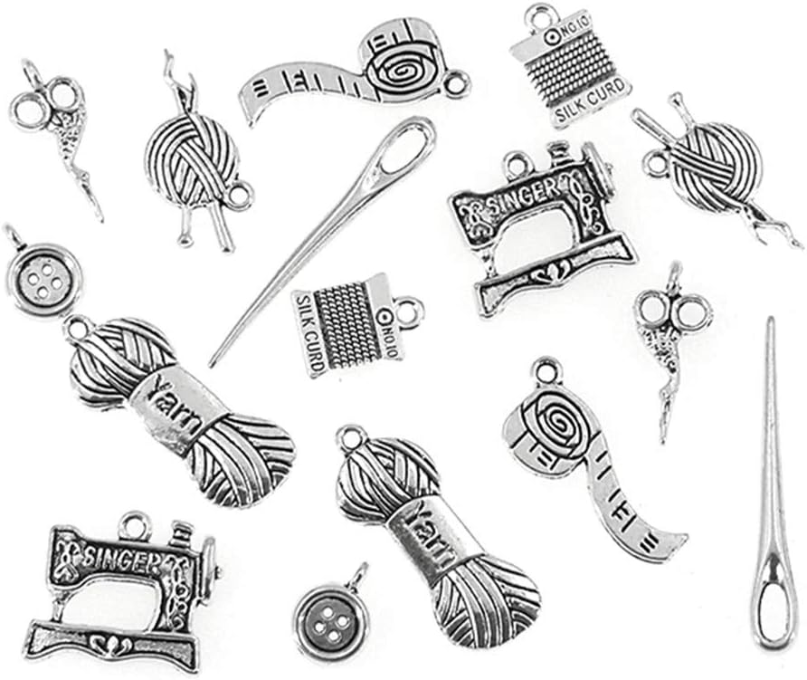 Sewing Charms,Scissor Pipe Yarn Clew Button Sewing Machine Knitting Charm Pendant Connector for DIY Jewelry Making Findings(16pcs,Silver)