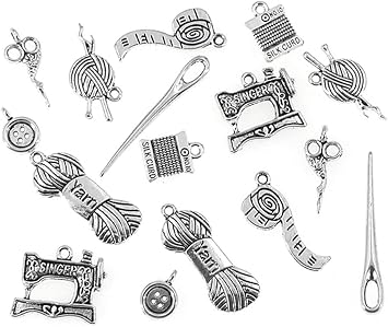 Kinteshun Sewing Charms,Scissor Pipe Yarn Clew Button Sewing Machine Knitting Charm Pendant Connector for DIY Jewelry Making Findings16pcs,Silver