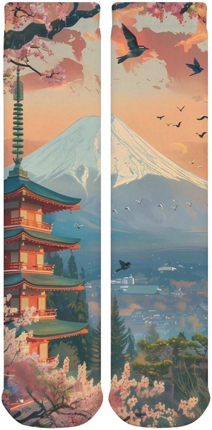 Japanese Temple on Mount Fuji Lake Cherryflower Knee High Socks Casual Long Stockings Over Calf Sock Tube for Women Men