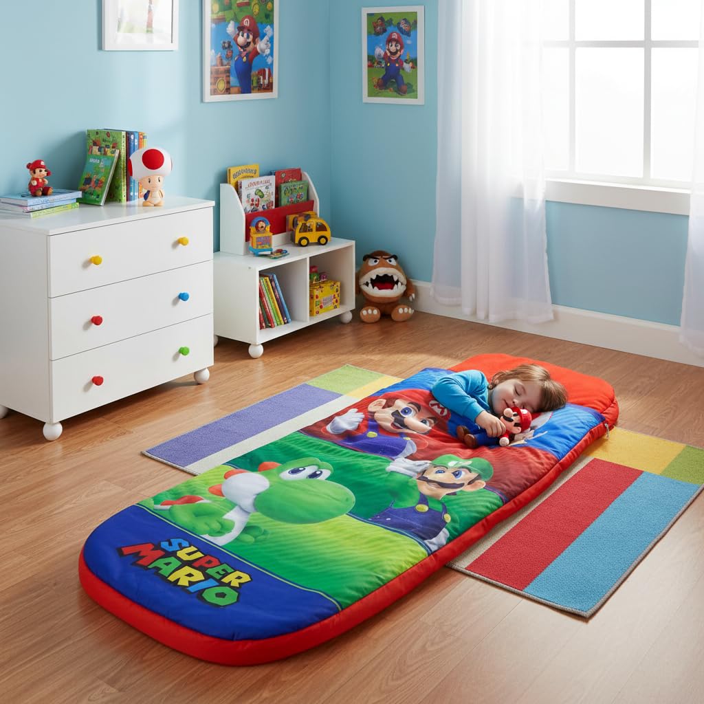 Nintendo Offiziell lizenzierte ReadyBed Luftmatratze | Aufblasbares Kinderbett mit integrierter Schlafsackfunktion und Pumpe | Design „Squad“ | Perfekt für Reisen, Camping oder Zuhause