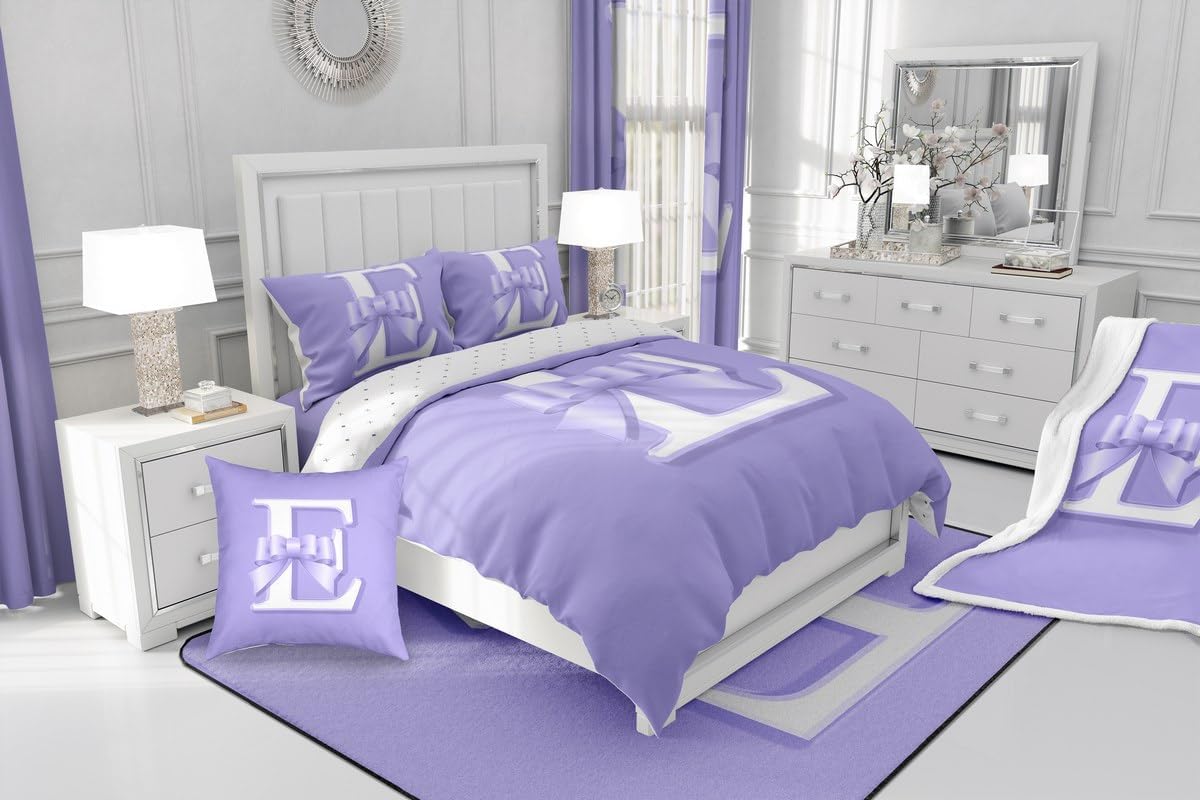jejeloiu Kids Girls Purple Bow Duvet Cover Toddler Size Monogrammed Bedding Set Ultra Soft Personalized Initial E Comforter Cover Modern Fashion Bedspread Cover Bowknot Bedclothes,No Comforter