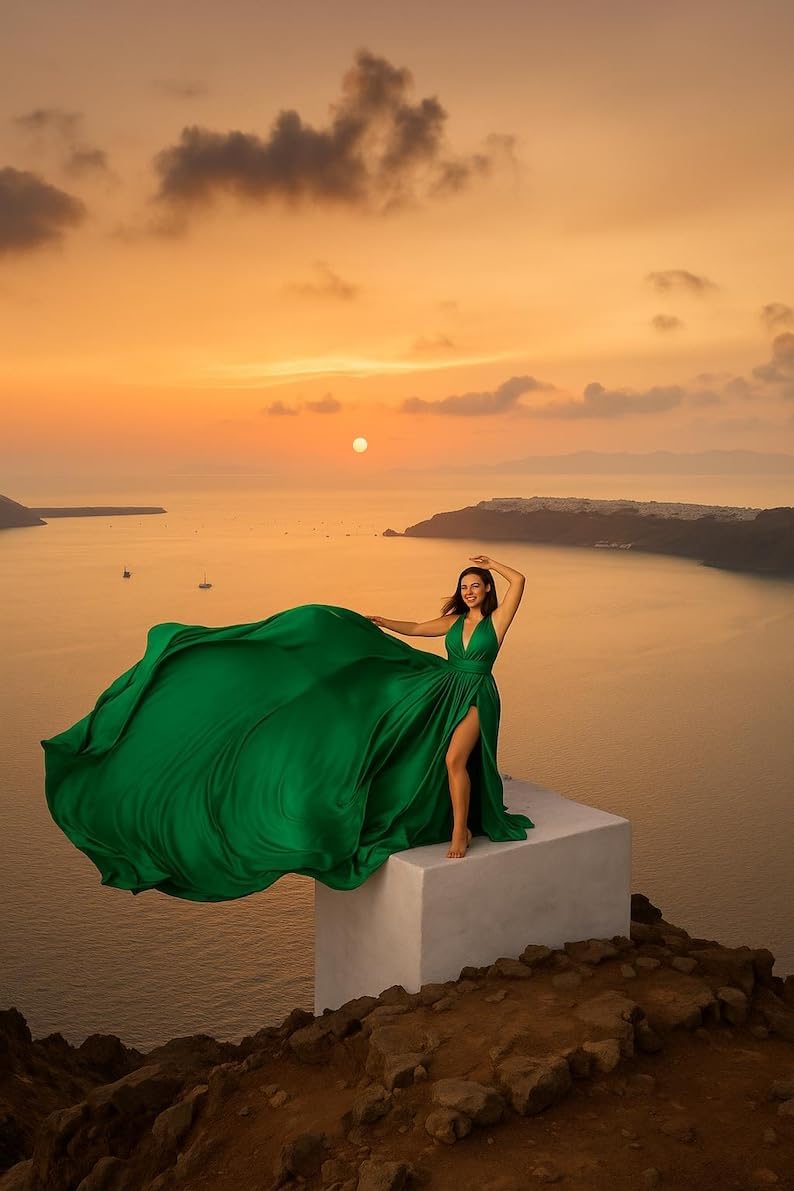 Long Flying Maxi Dress, Flowing Photoshoot Gown with High Slit, Halter V-Neck Convertible Wrap Style