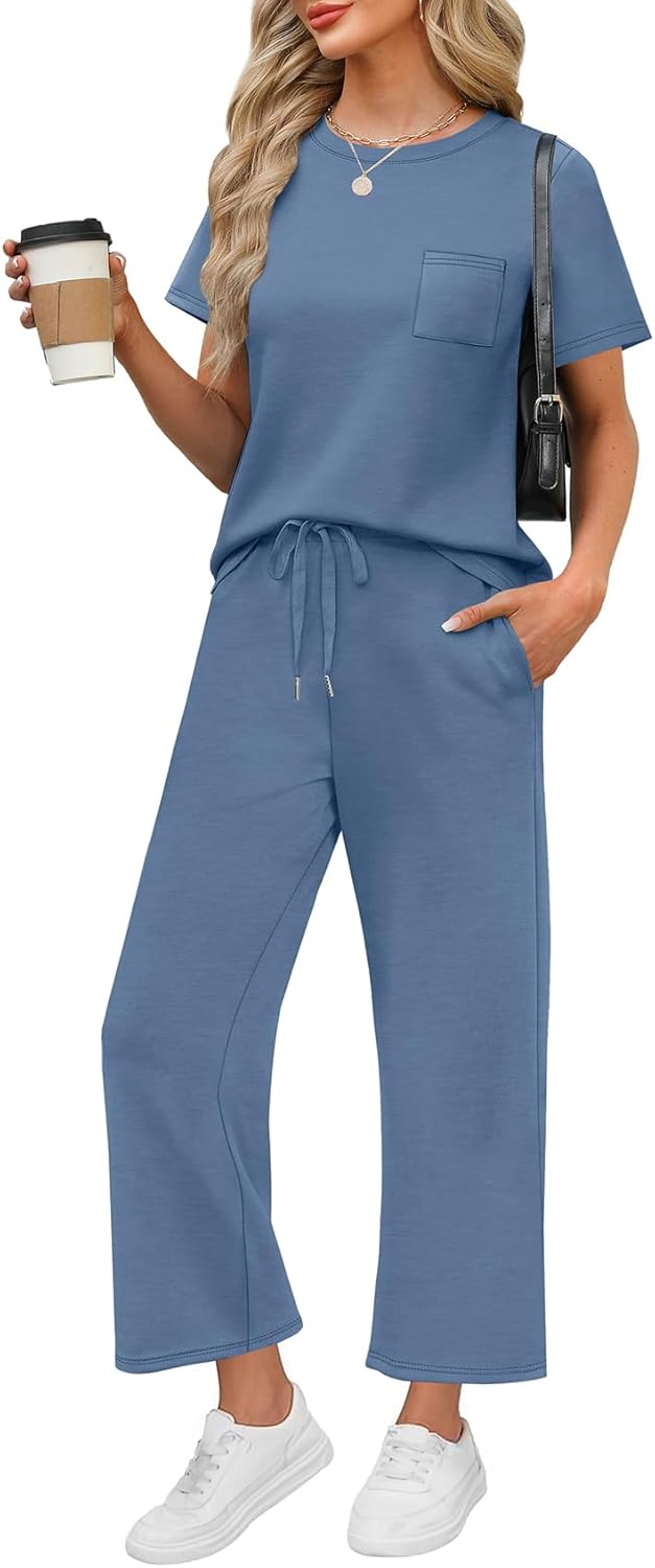 WIHOLL 2 Piece Sets for Women Casual Summer Travel Vacation Outfits Short Sleeve Wide Leg Crop Pants Lounge Sets