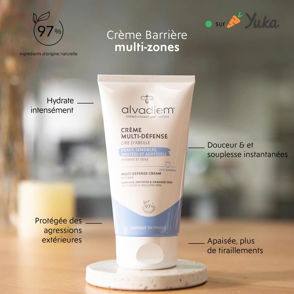 Alvadiem | Crème Multi-Défense à la cire d'abeille | Protège les peaux sensibles des agressions extérieures | Peau réactives | Soin barrière | Fabriqué en France | 150ml