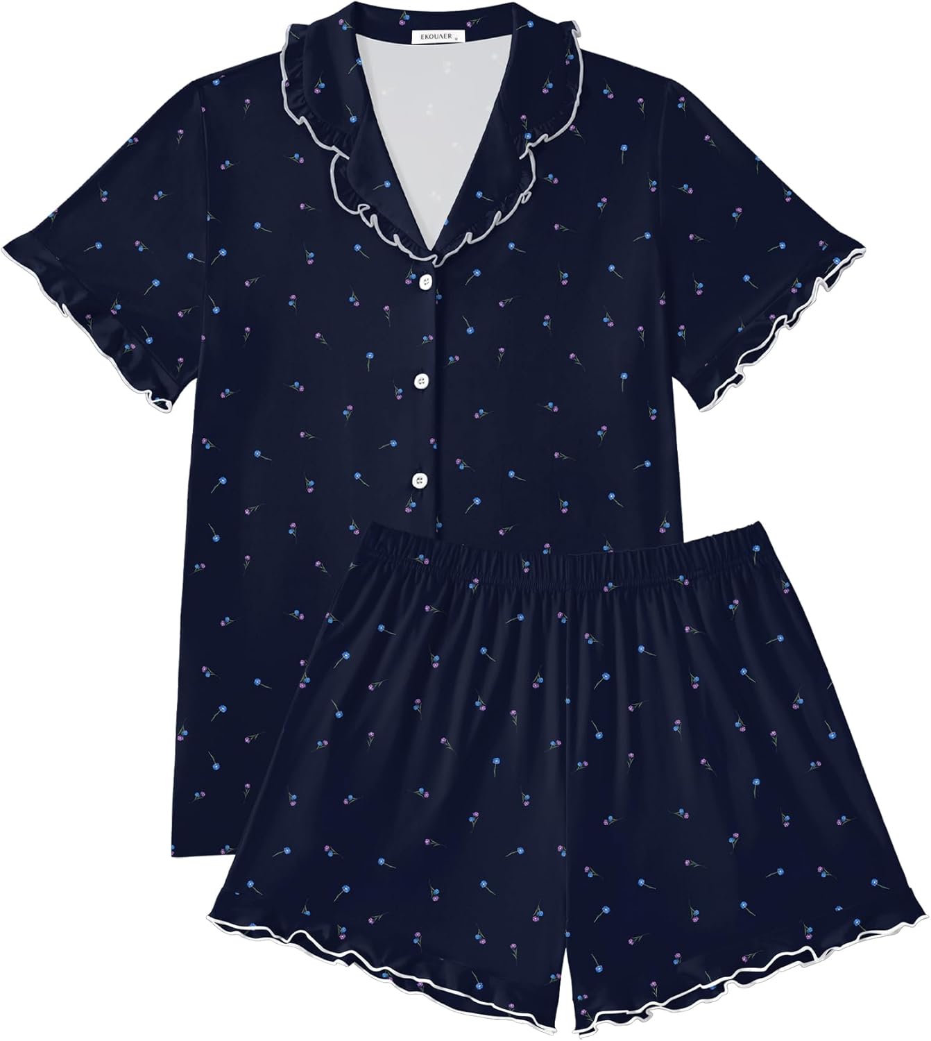 Ekouaer Pajamas for Women Sets Cute Pjs Button Down 2 Piece Short Sleeve Ruffle Lounge Set Sleepwear