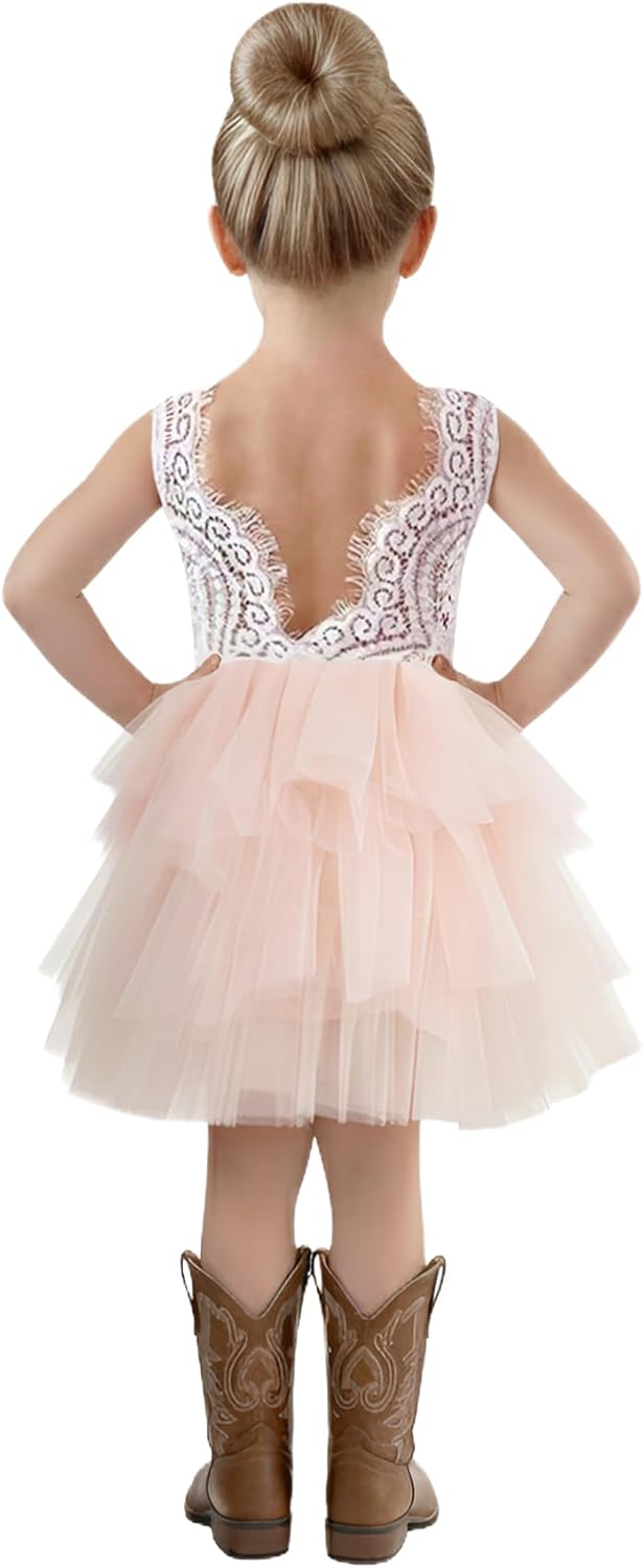 2Bunnies Girl Peony Lace Back A-Line Tiered Tutu Tulle Party Flower Girl Dress