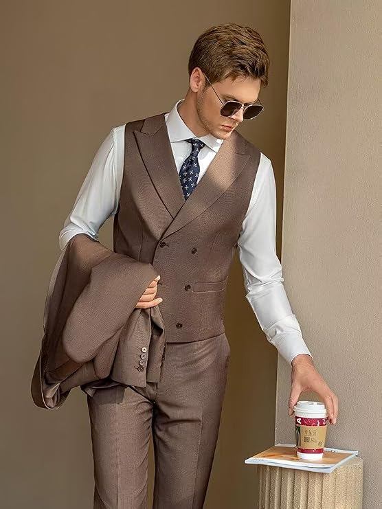Men's Double Breasted Business Wedding Vests Dress Waistcoat Slim Fit V Neck Suit Vest