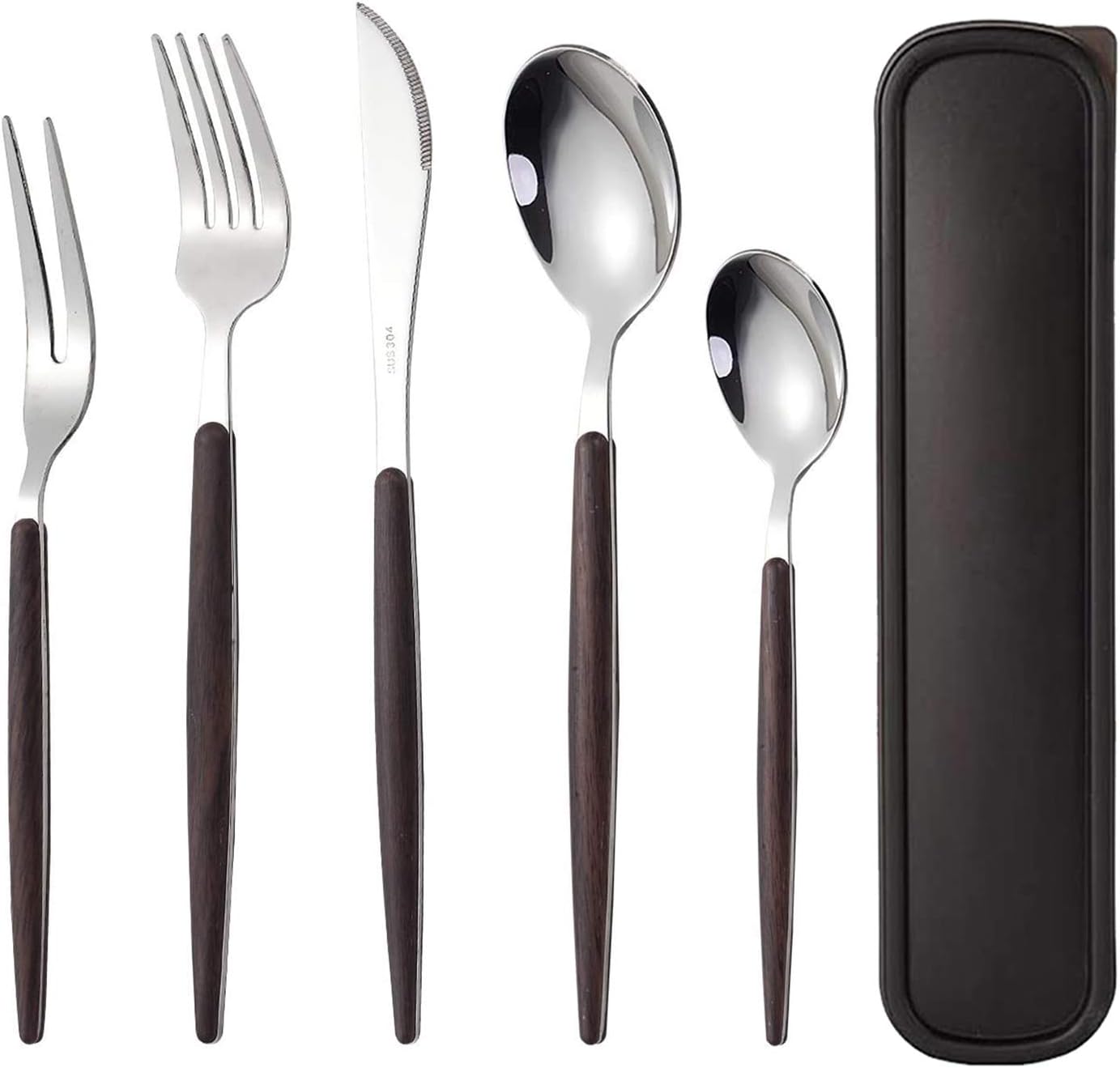 Travel Utensil 5 Piece Flatware Set Wood Handle 18/10 Stainless Steel Lunch Cutlery Set Metal Include Mirror Polished Forks Spoons Knife Portable Travel Tableware Sets With Case(Silver)