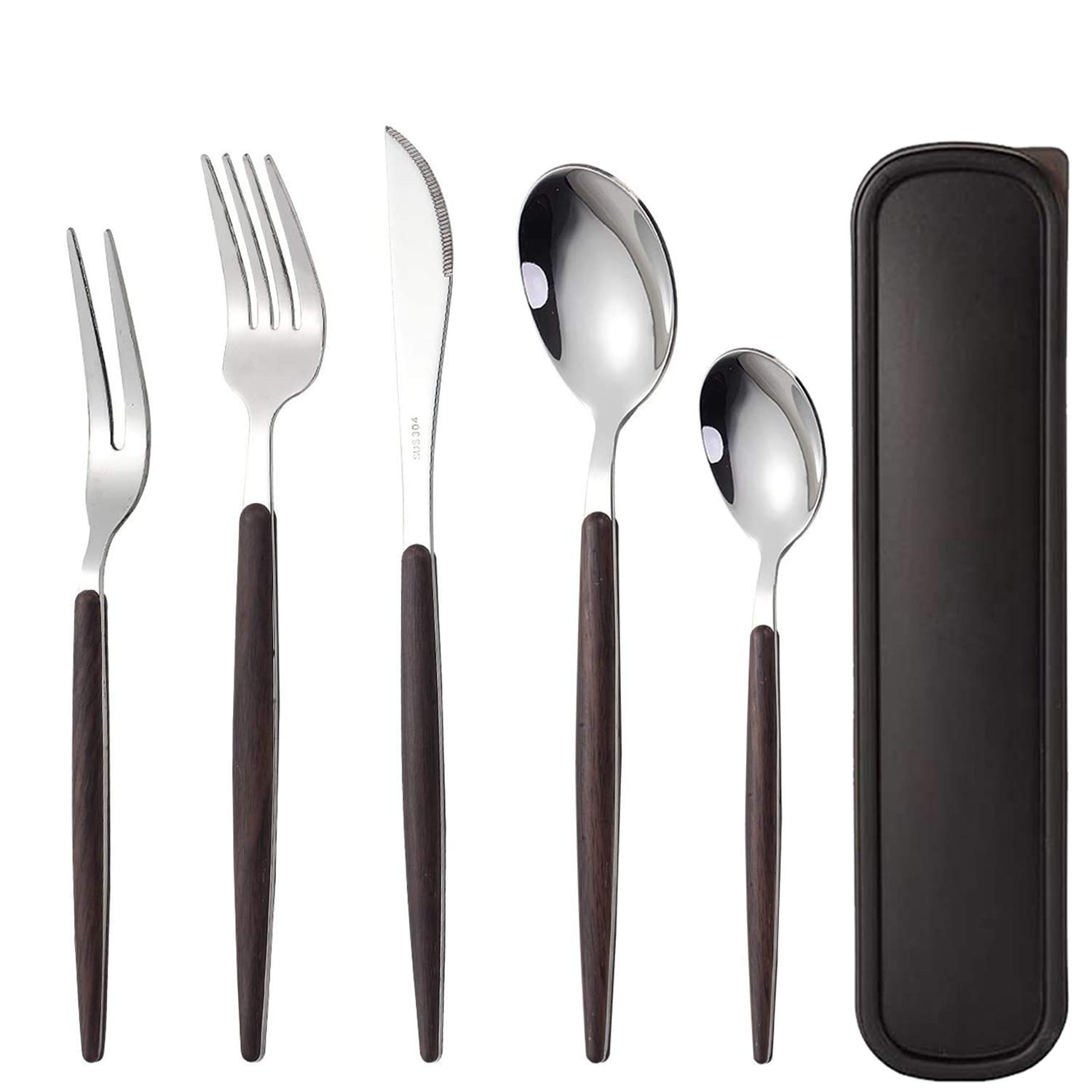 Travel Utensil 5 Piece Flatware Set Wood Handle 18/10 Stainless Steel Lunch Cutlery Set Metal Include Mirror Polished Forks Spoons Knife Portable Travel Tableware Sets With Case(Silver)