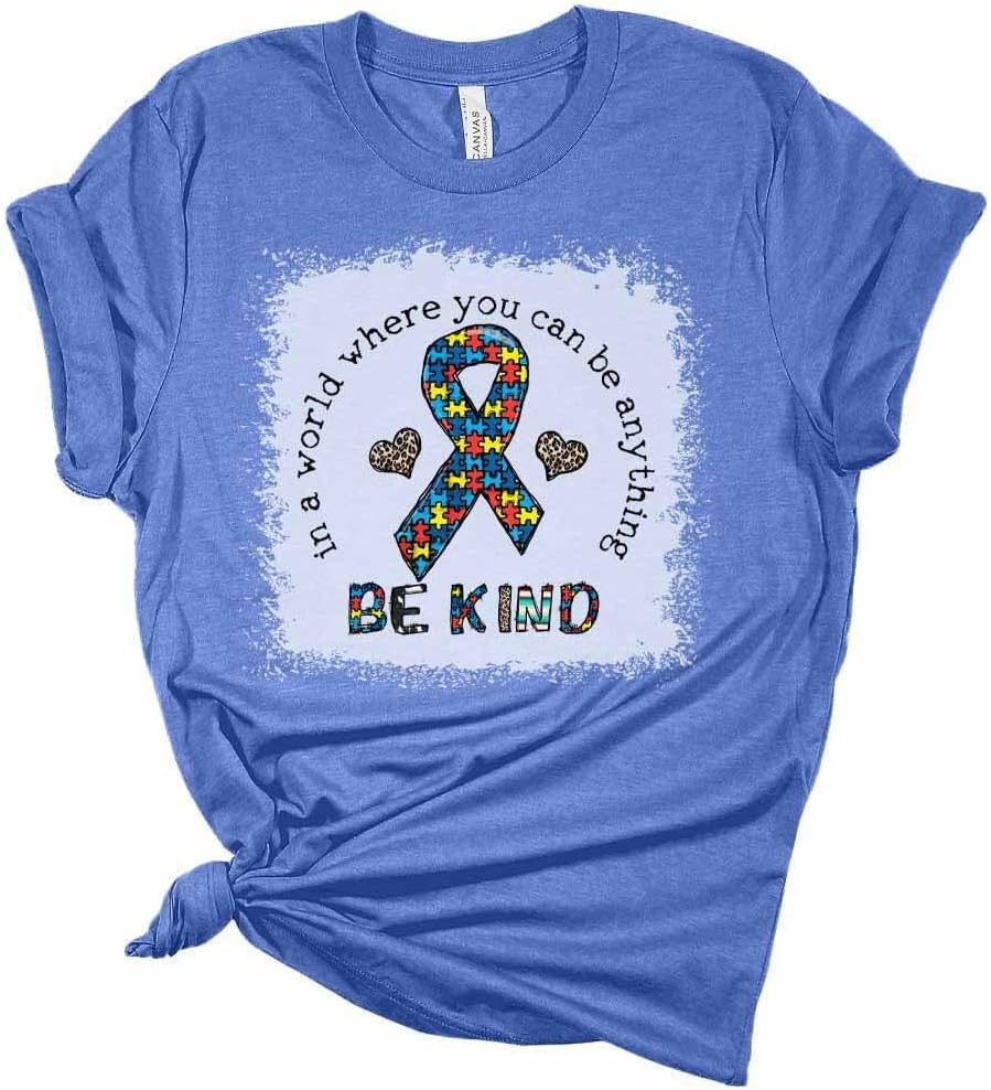 Womens Autism Awareness Shirt Cute Be Kind Ribbon T-Shirt Casual Graphic Tee Short Sleeve Top