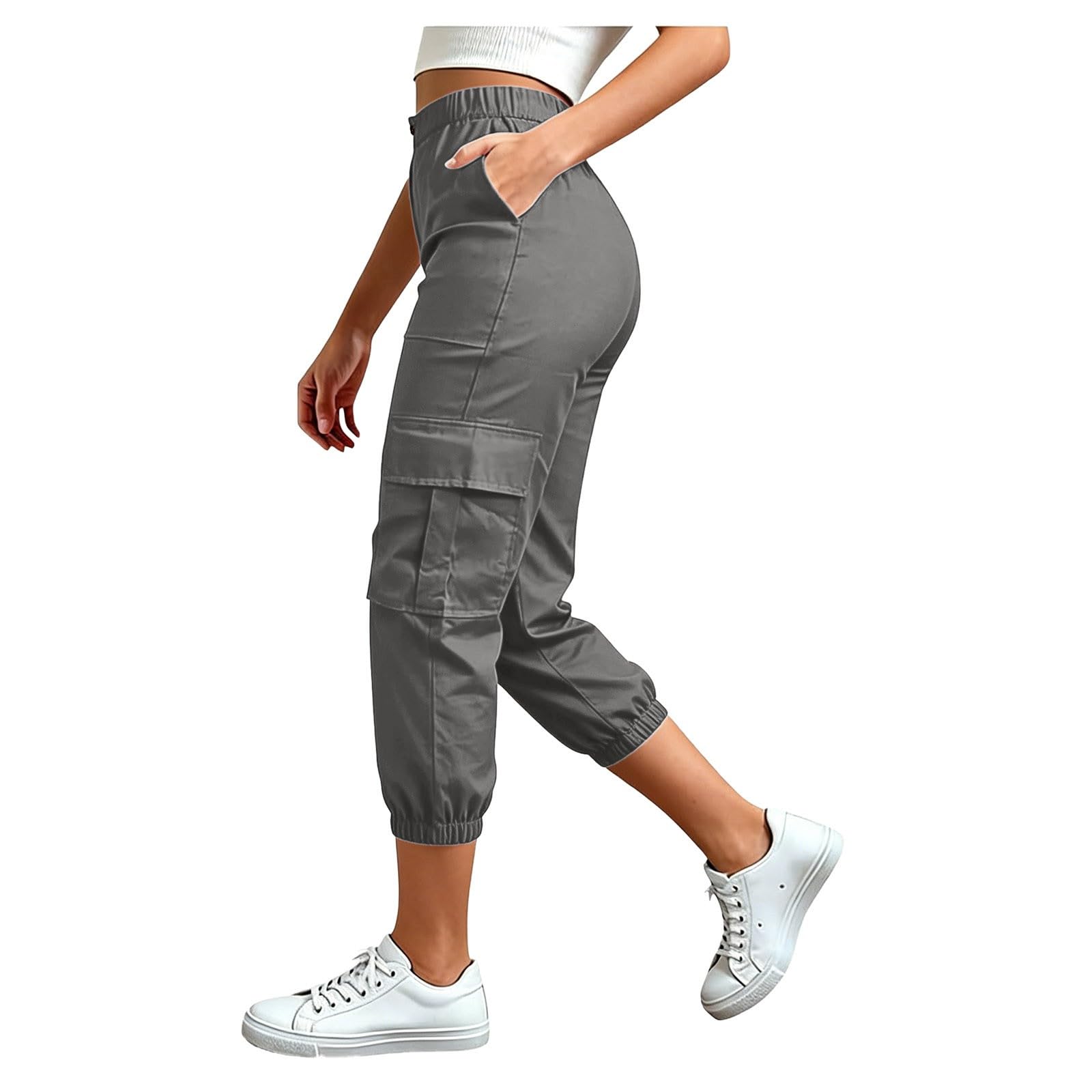 Pantalon Cargo Femme 3/4 Pantalon Cargo, D'été Pantalon avec, Poches, Décontracté Pantacourt, Jogger Taille Elastique Casual Sportswear, Couleur Unie Respirant