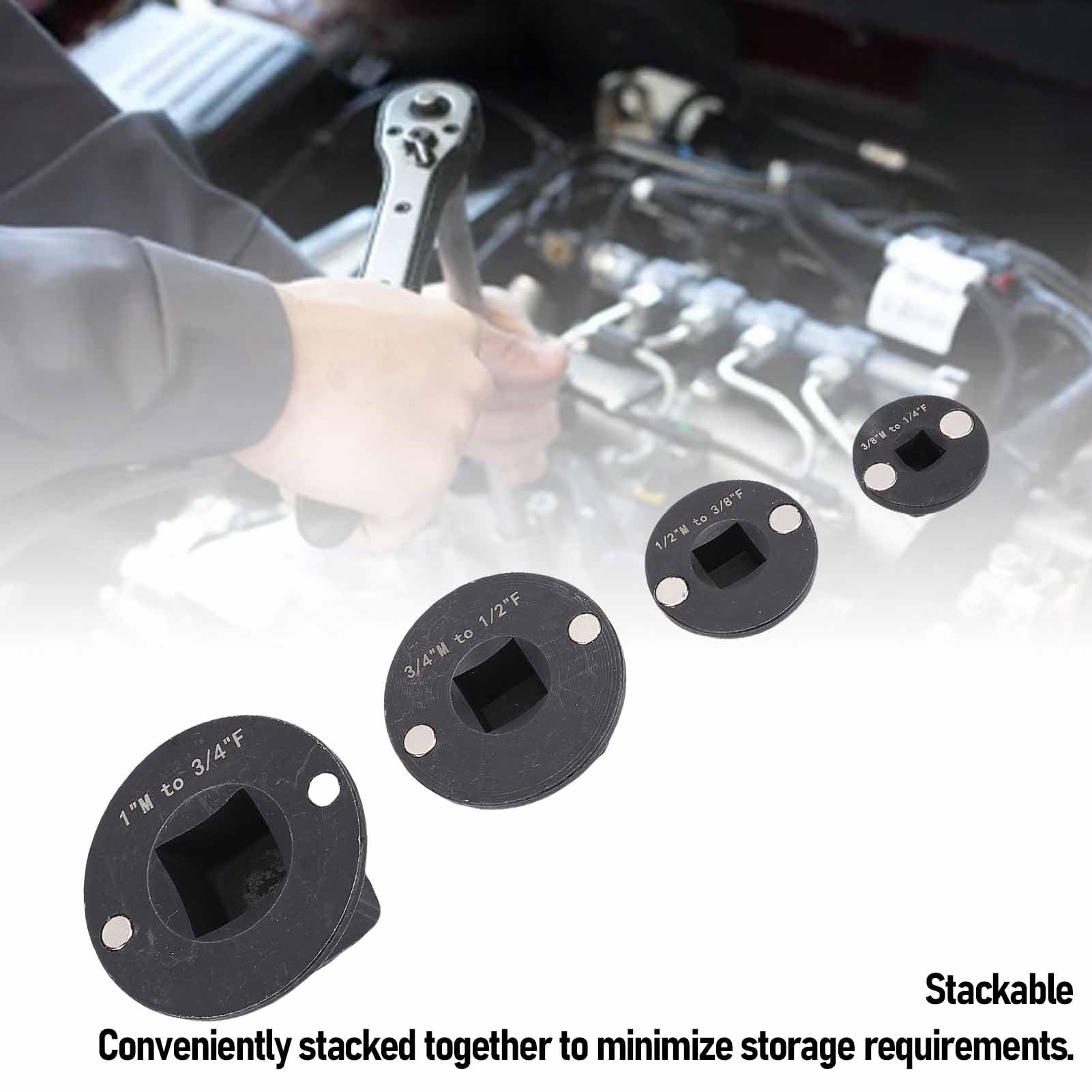Low Profile Impact Socket Adapter Set, 4PCS Drive Ratchet Adapter Set 1in M-3/4in F 3/4 in M-1/2in F 1/2in M-3/8in F 3/8in M-1/4in F - Image 4