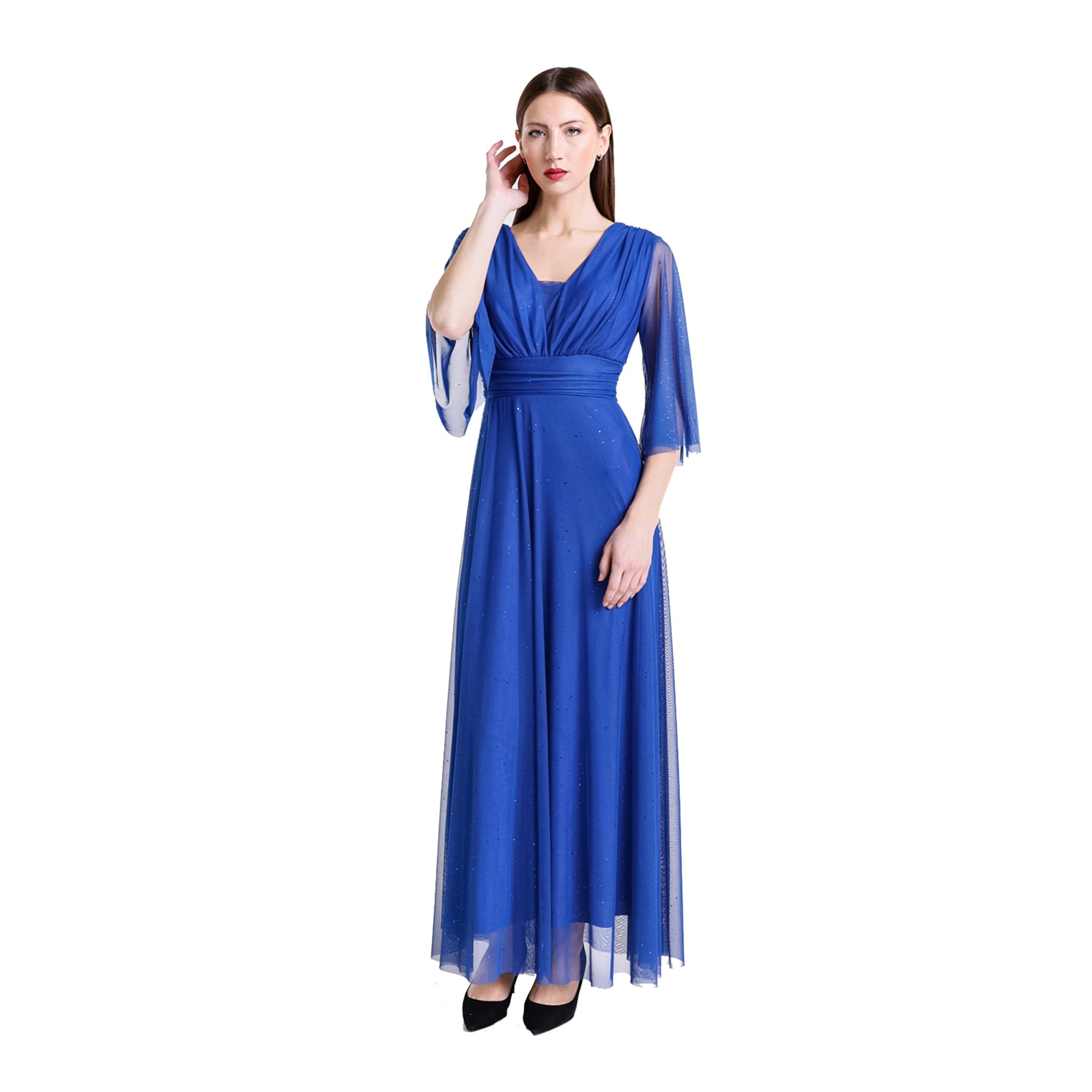 Abito Lungo Elegante Donna da Cerimonia Maniche a 3/4 e Scollo a V.Ideale per Matrimoni, Eventi e Feste. – Made in Italy