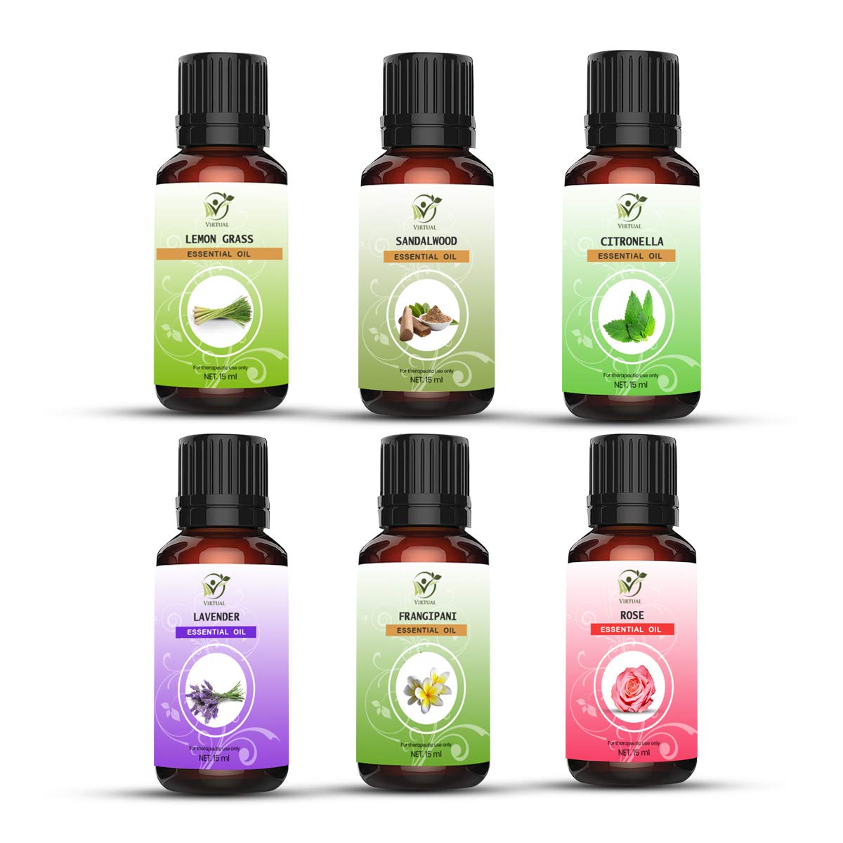 VIRTUALVIRTUAL Pack Of 6 Pure & Natural Essential Oil Of Lemongrass, Sandalwood, Citronella, Lavender, Frangipani, Rose For Aromatherapy, Diffuser, Humidifier (15 Ml Each)