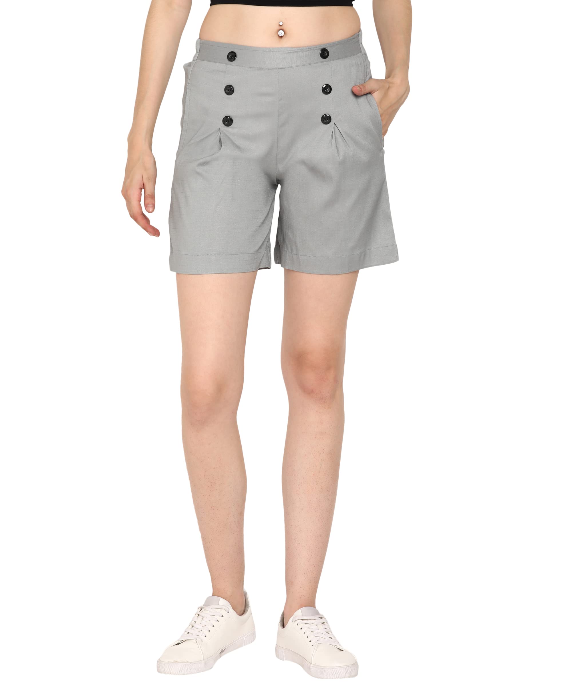 Overlock Women Button Smart fit Short Mid-Rise Front Button Solid Women Shorts (28, Gray)