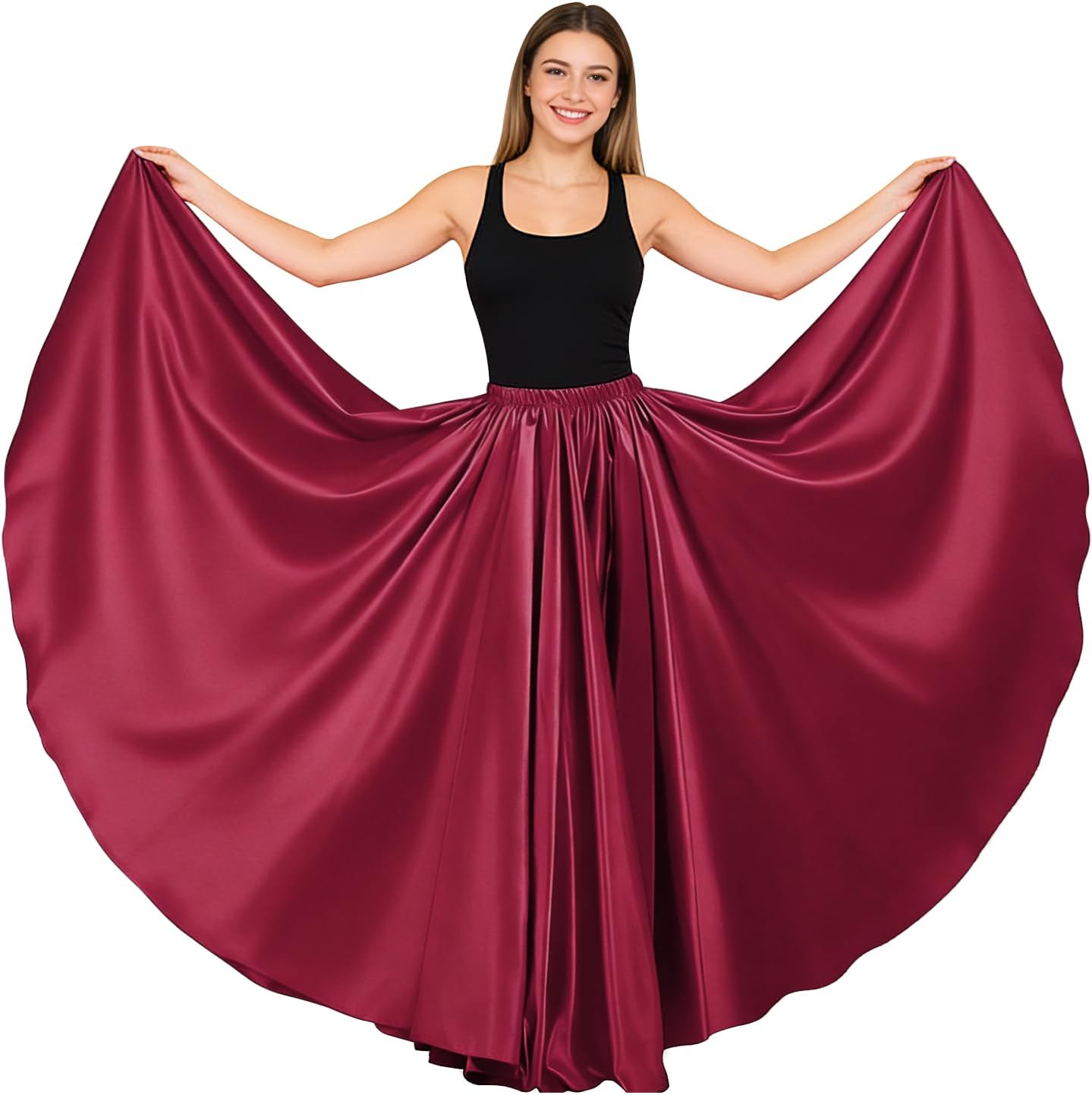 Women Satin Full Circle Ankle Length Swing Long Skirt Maxi Shiny Skirt for Party Cosplay Belly Dance Performance Costume