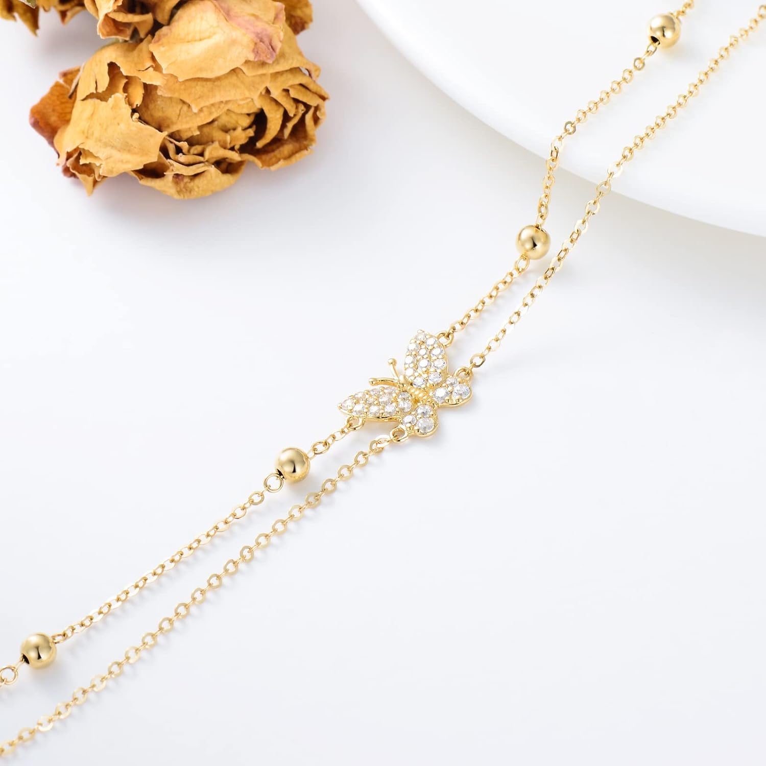 SISGEM Solid 14K Gold butterfly anklet bracelets for Women, Real Gold Layered Beach Foot Anklets for Women Fine Jewelry Anniversary Birthday Gift for Wife, Mom, 8''+2''