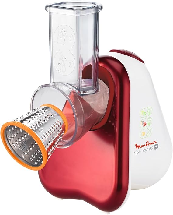 Moulinex DJ755G10 Fresh Express Plus Affettatutto Grattugia Elettrico, 5 Funzioni di Taglio, 150 W, 1 L, 1 Decibel, Plastica, Rosso