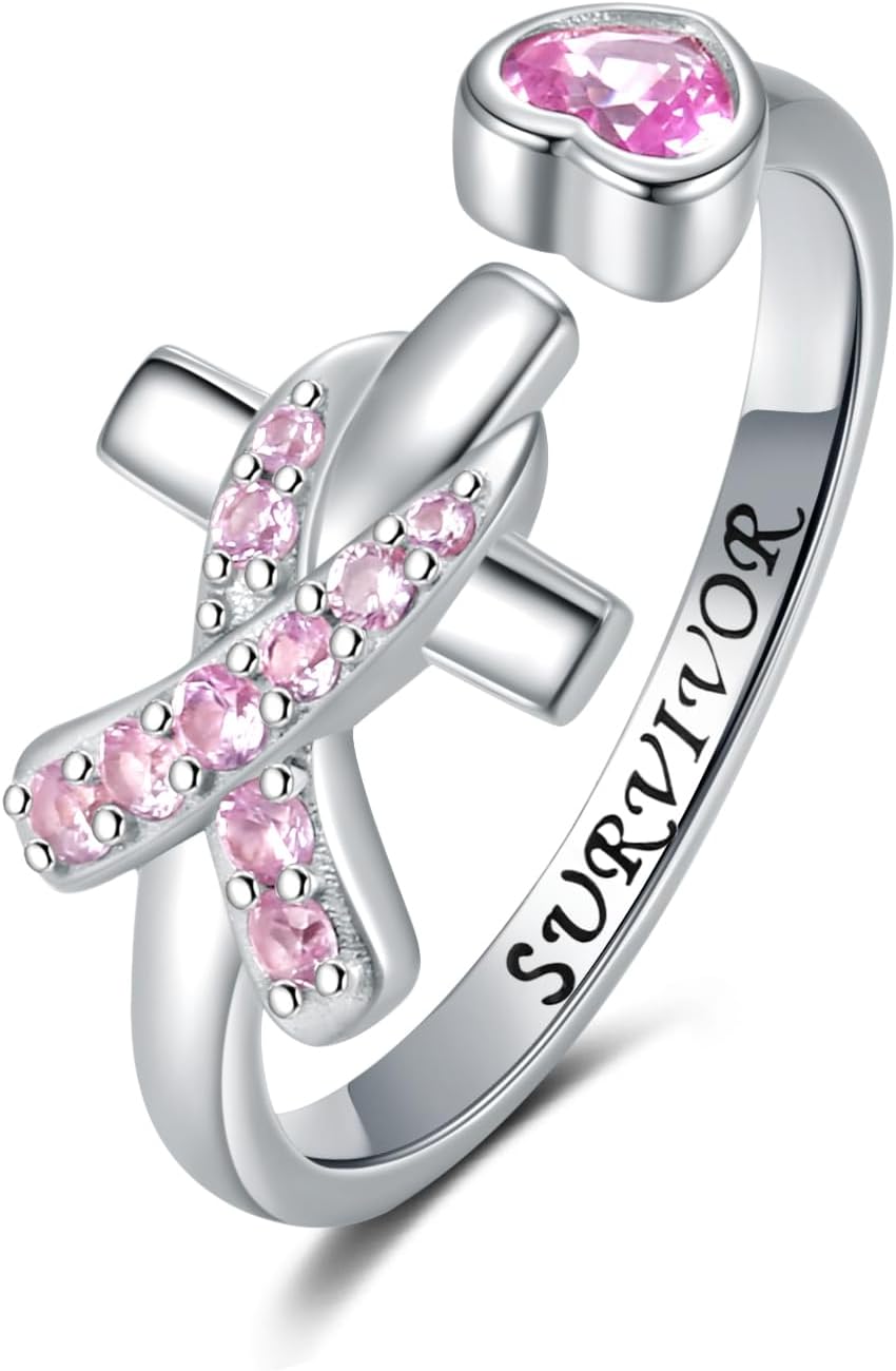 Breast Cancer Awareness Ring for Women: 925 Sterling Silver Pink Ribbon Jewelry Gifts for Cancers Fighter Survivor
