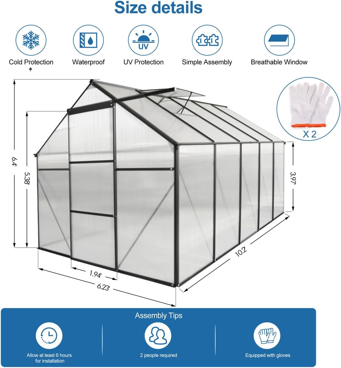 6x10FT Outdoor Patio Greenhouse with Adjustable Roof Vent &Sliding Door, Walk-in Polycarbonate Greenhouse with Drainage System, Portable Green House in All Season, Black
