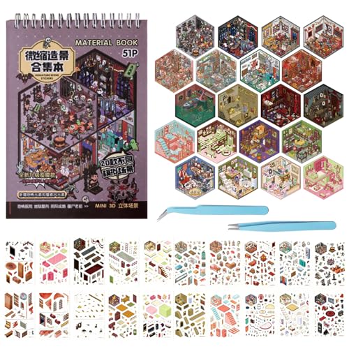 3D Scene Sticker Book for Adults: 51 Set DIY Creative Miniature House Stickers for Women Teenager Friends Make Your Own Fun Cartoon Reusable Scenery Sticker Birthday Gifts Home Travel Activities