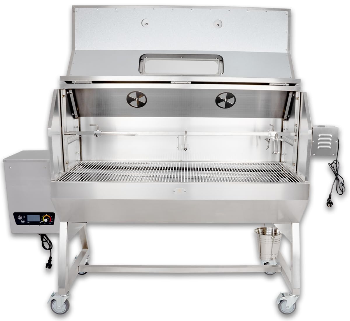 Beeketal Profi Pelletgrill PGB-80 | 2-in-1 Smoker & Spanferkelgrill mit Motor-Drehspieß | Edelstahl | Elektronische Steuerung | 5 Roste | max. 40 kg