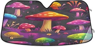 Car Windshield Sun Shade Mushrooms Whimsical Pattern Reflective Sunshade for Ultimate Protection Fits Small Sedans, Mini SUVs, Hatchbacks