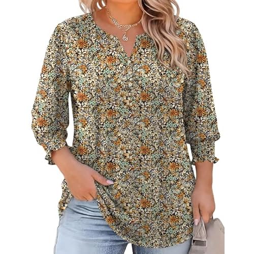 LOMON Womens Plus Size Tops 3/4 Sleeve Blouses Summer V Neck Shirts Smocked Cuffs Spring Tops 1X-5X