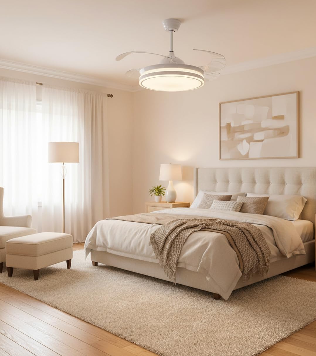 BEL AIR HOME - Ventilateur de Plafond ASGARD - Moteur DC 6 Vitesses Silencieux - Éclairage LED 36W 3 Températures - Lames Déployables Méthacrylate - Télécommande, Blanc, Métal