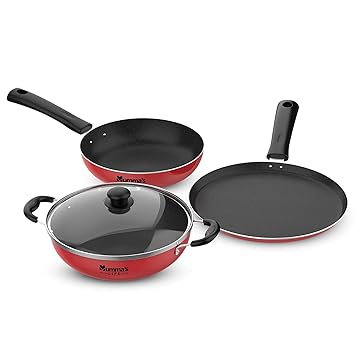 Mumma's LIFE- Non Stick Aluminium Cookware Set 24cm with 3MM Thickness, Dosa Tawa, Kadai with Glass Lid, and Frying Pan Set of 6 Piece (Red)