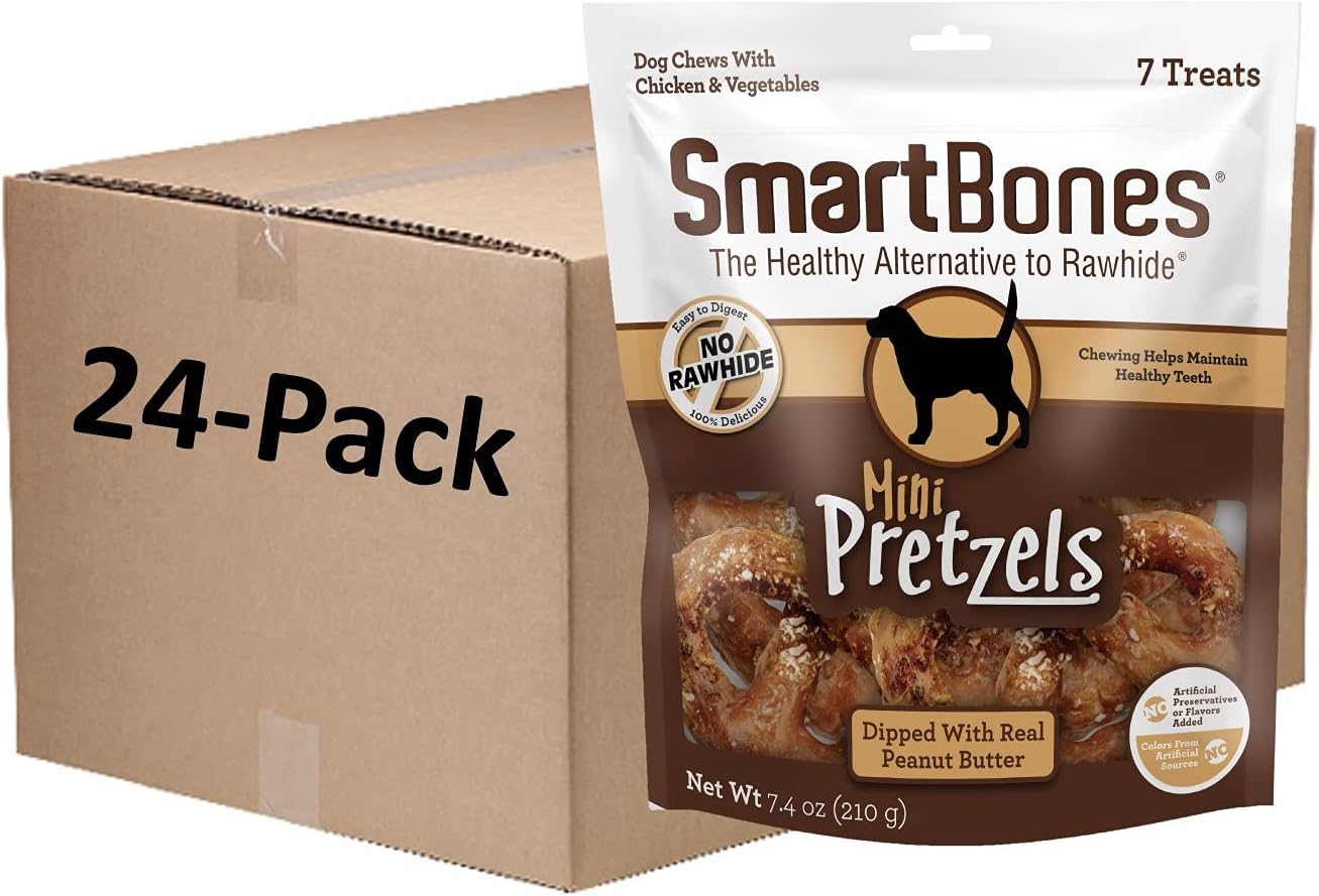 SmartBones Mini Pretzels Dipped With Real Peanut Butter, 7 Count, Rawhide-Free Chews For Dogs, (Pack of 24), Count: 168