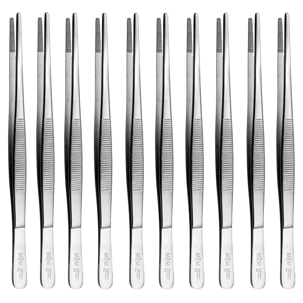 May - Zestaw – 10 x uniwersalna pęseta 20 cm – pęseta domowa – prosta – okrągła końcówka – obrębiona wewnątrz – stal nierdzewna