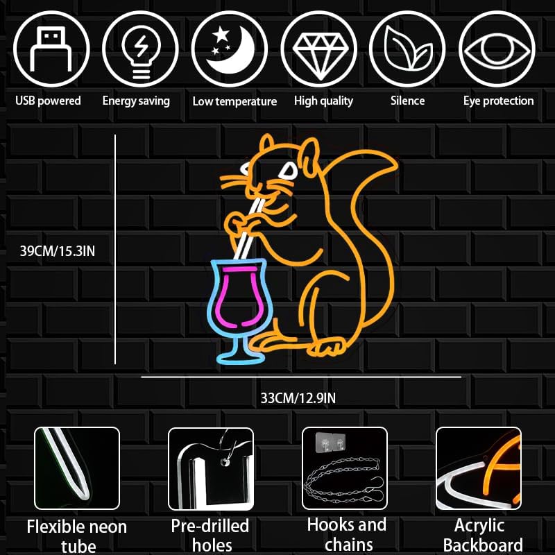 Squirrel Cocktail Neon Sign for Wall Decor, Orange Squirrel Neon Light, USB Powered Animal Cocktail Bar Led Light Up Sign for Bar, Bedroom, Man Cave, Business, Game Room - Image 2