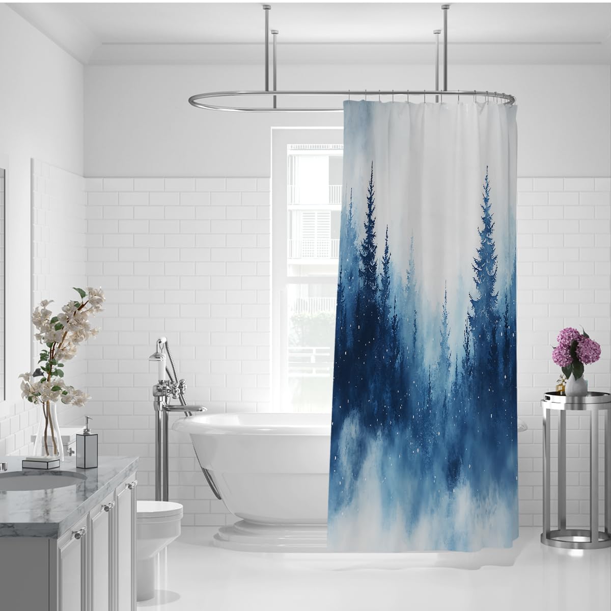 Rideau Douche Paysage forêt pins Aquarelle Bleue W200xL200 cm