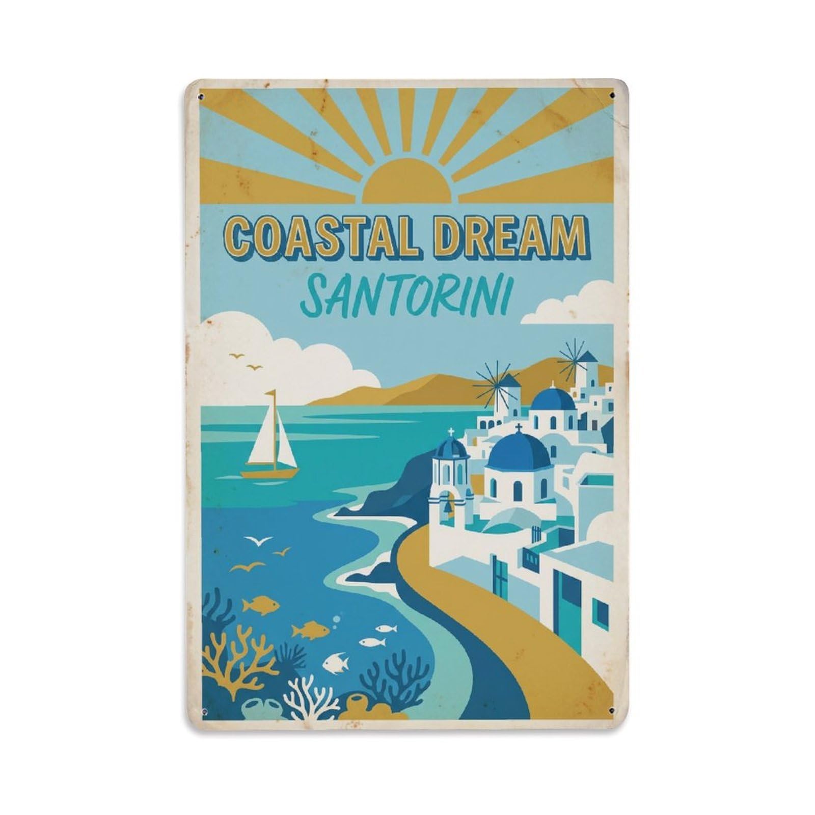 Gead 8X12inch Style Vintage Travel Santorini Coastal Dream Metal Tin Sign