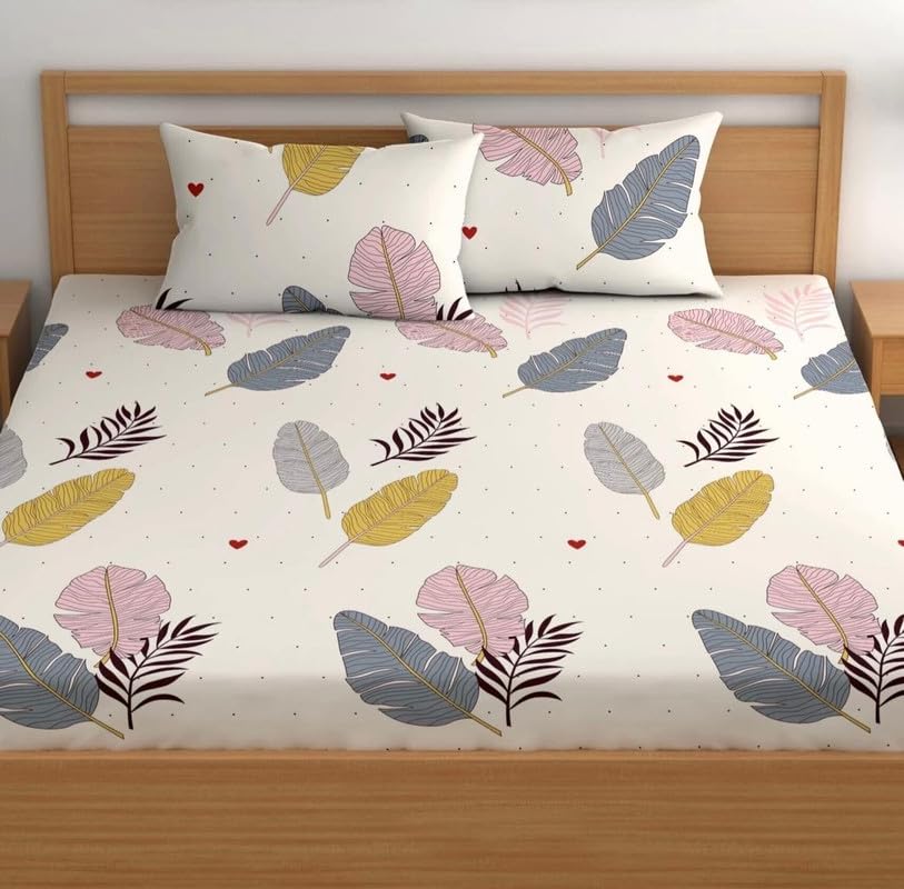 Geeta Homes Premium Cotton Feel Glace Cotton 210 Tc Elastic Fitted Bedsheets with 2 Pillow Covers Double Bed with Corner Elastic Floral Pattren |Size-72X68+ 6 Inches Homes 6360