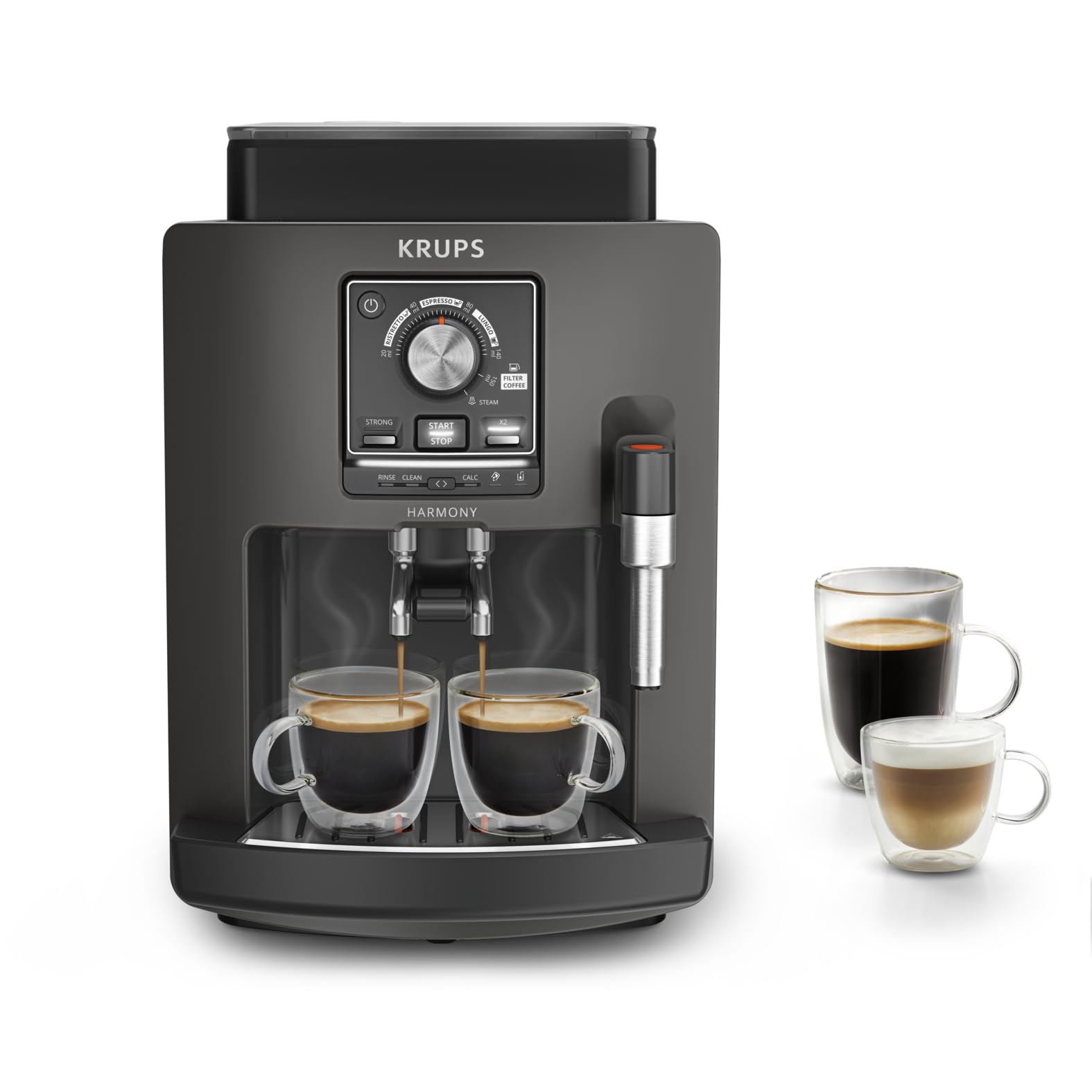Krups Harmony Kaffeevollautomat mit Milchaufschäumdüse, 4 Kaffeespezialitäten, intuitive Bedienung, automatische Reinigung, Doppeltassenfunktion, kompaktes Design, Coal, EA508BE0