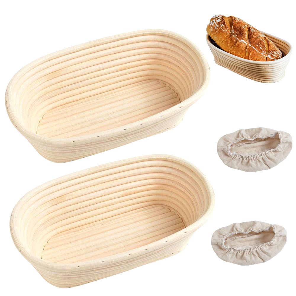 Lot de 2 paniers à pain ovales en rotin naturel de 25 cm, panier de levain avec doublure en tissu de lin, kit d'outils professionnels pour la fabrication de pain au levain