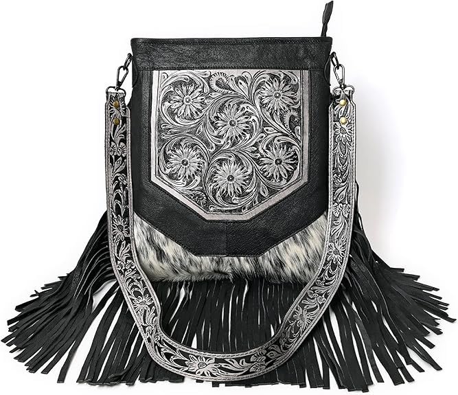 Berlin hand-carved Fringed Shoulder Bag Natural Cowhide Hand Bag with Floral Hand Tooling
