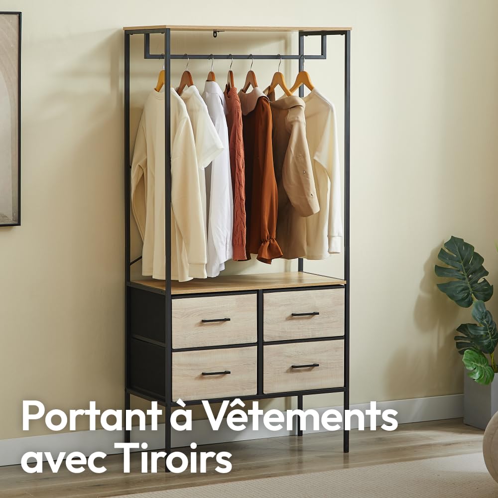 CASABEL Penderie Vêtements 4 Tiroirs en Tissu, Plateaux Bois et Métal Noir | Dressing ouvert, 4 tiroirs, Tringle à vêtements, Étagère supérieure, Gain de place, Structure robuste, Montage rapide