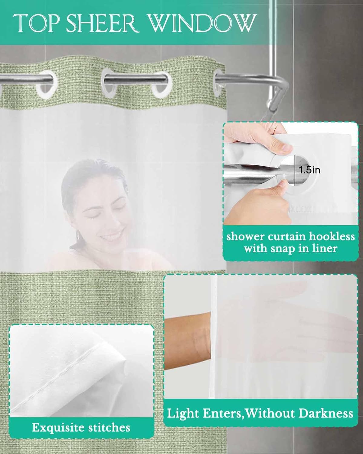 No Hook Shower Curtain and Snap in Liner Set, Vintage Grass Green Bathroom Stall Shower Curtains 36x72 Inch, See Through Mesh Top Window, Farmhouse Retro Beige Solid Color Hotel Style, Waterproof