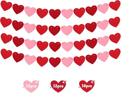 40 Felt Hearts Garland Banner for Valentines Day Decor, Galentines Day Decorations, Pre-Strung Heart Garland for Birthday Parties, Weddings, Wall Decor for Home