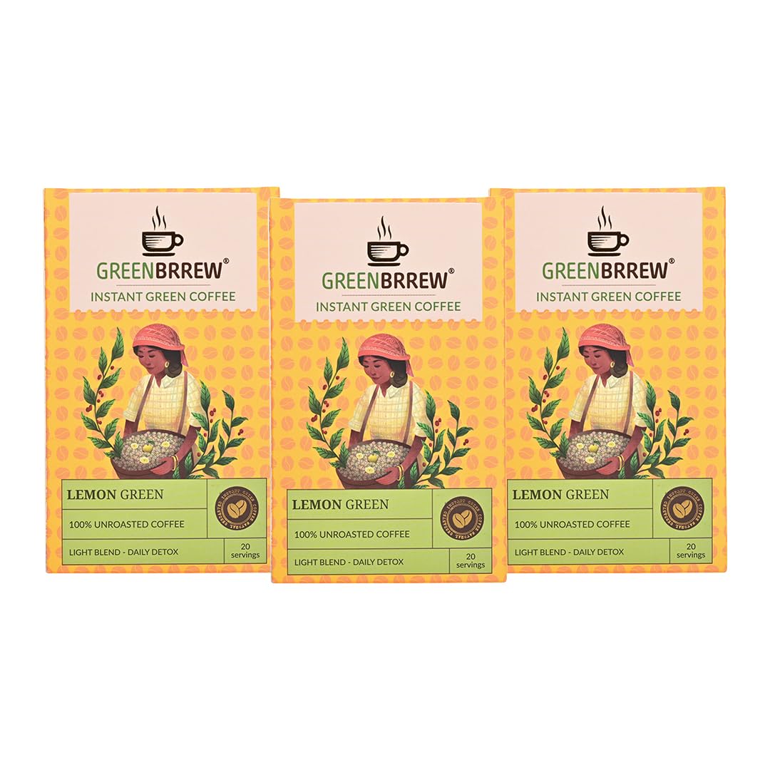 Greenbrrew Lemon Green | 100% Unroasted Coffee | Light Blend | Daily Detox | 20 Servings | 60g (Pack Of 3)