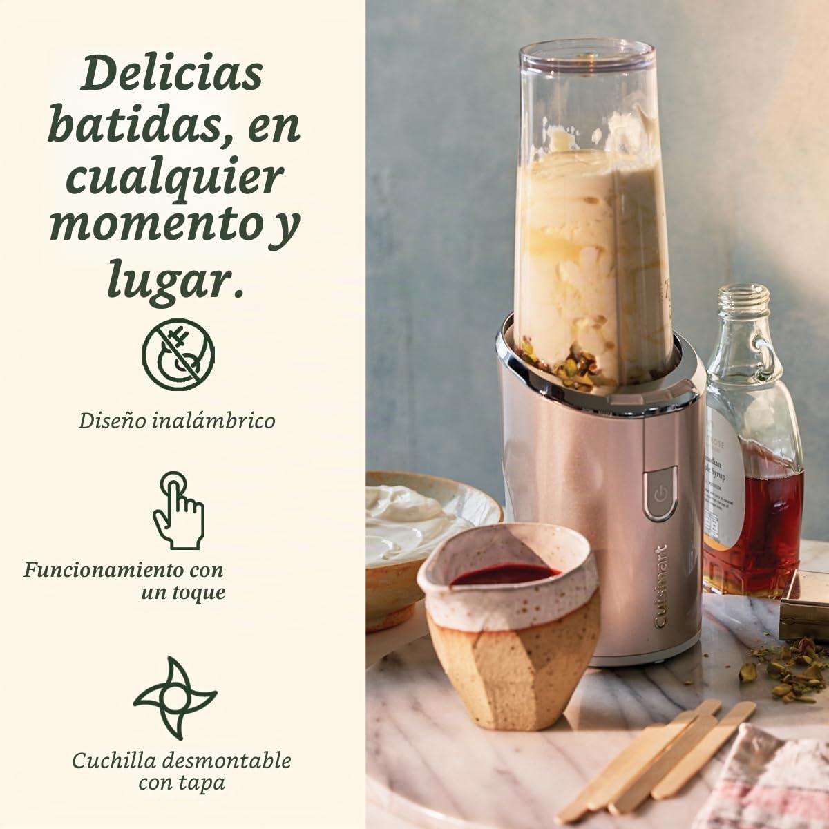 Cuisinart Licuadora portátil inalámbrica para llevar de 450 ml, trituradora de hielo, frappé, batidos recargable por USB, vaso de mezcla Tritan sin BPA con tapa incluida